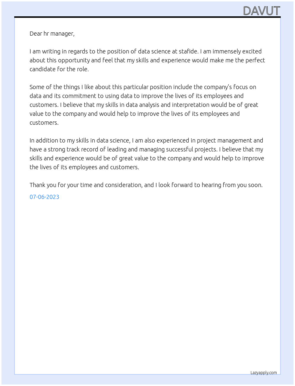 data science At stafide Cover Letter