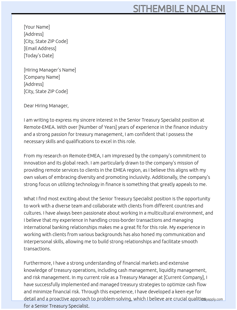 Senior Treasury Specialist At Remote-EMEA Cover Letter