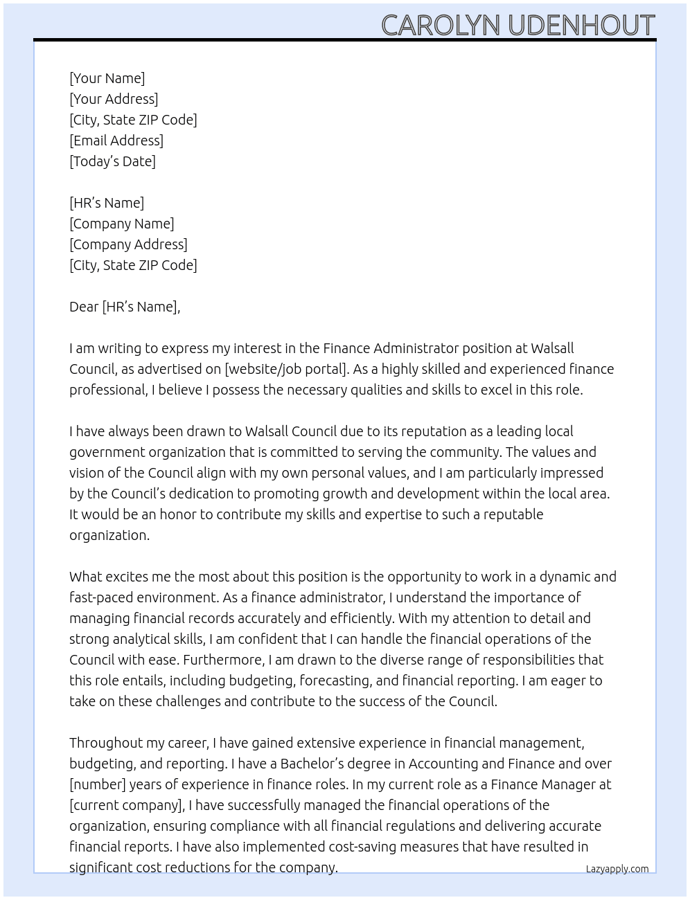 Finance Administrator At Walsall Council Cover Letter
