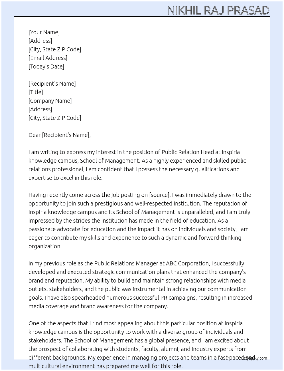 PUBLIC RELATION HEAD At Inspiria knowledge campus, School of management' Cover Letter