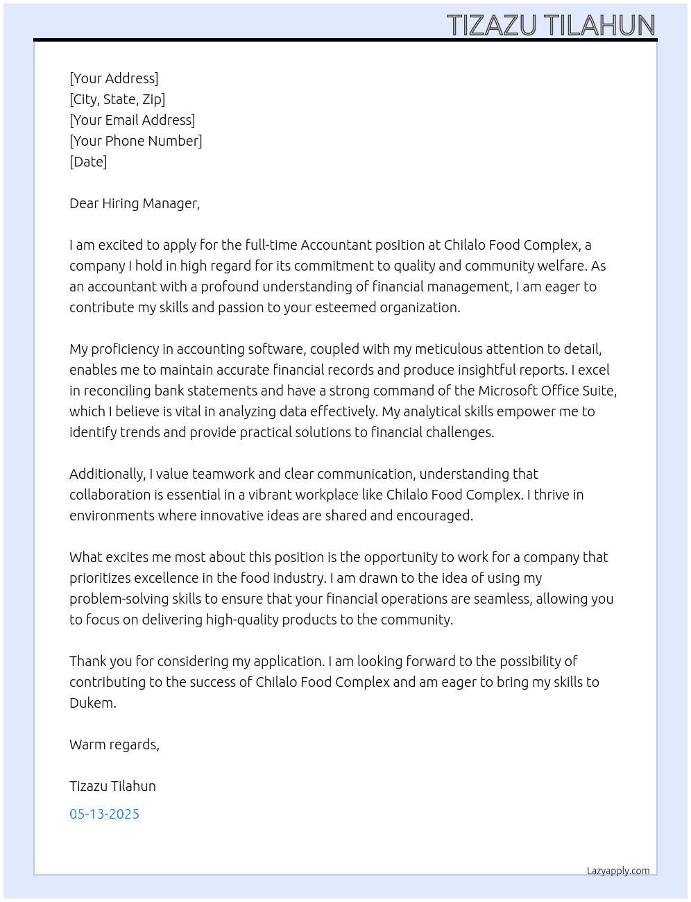 Accountant At Chilalo Food complex Cover Letter