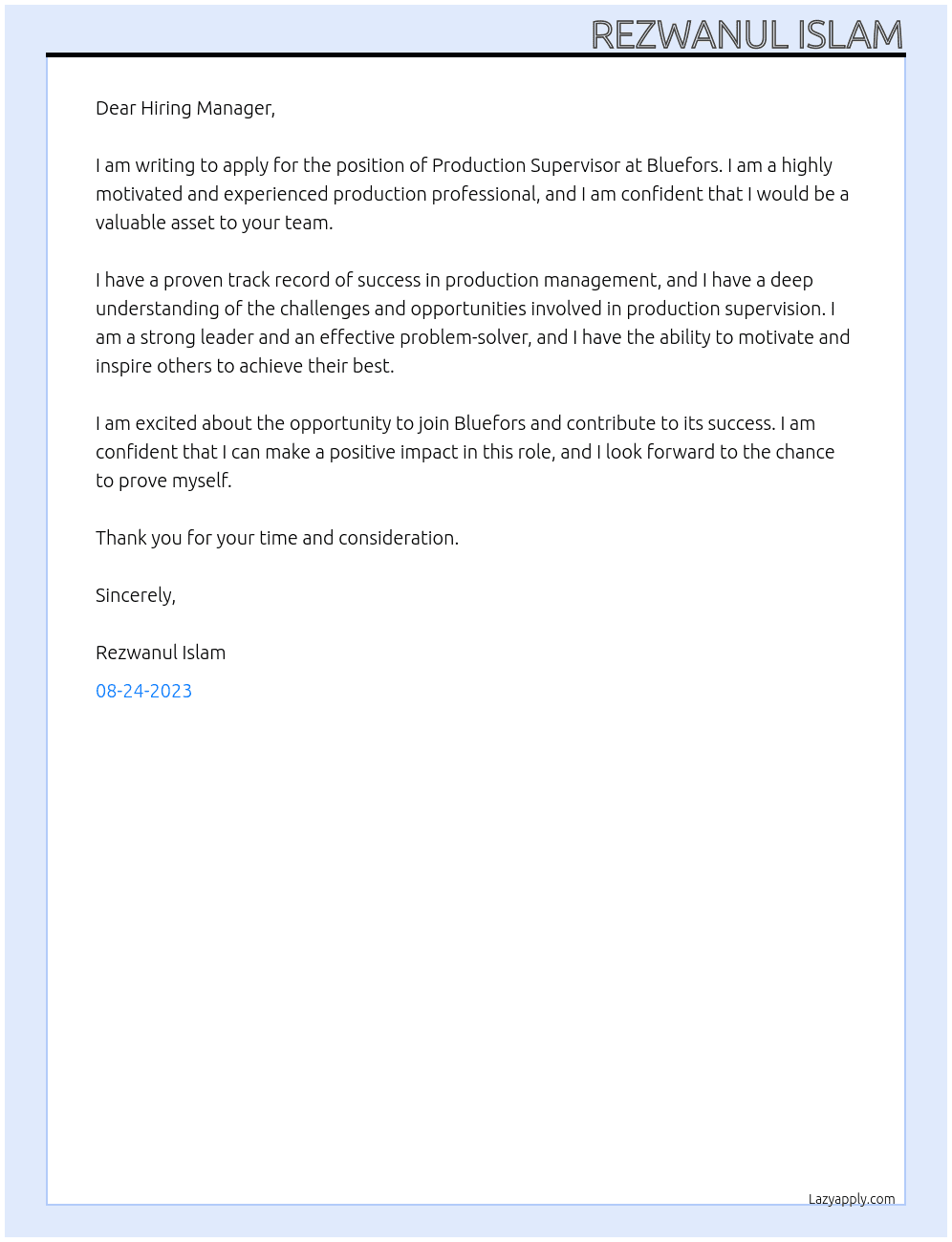 Production supervisor At Bluefors Cover Letter
