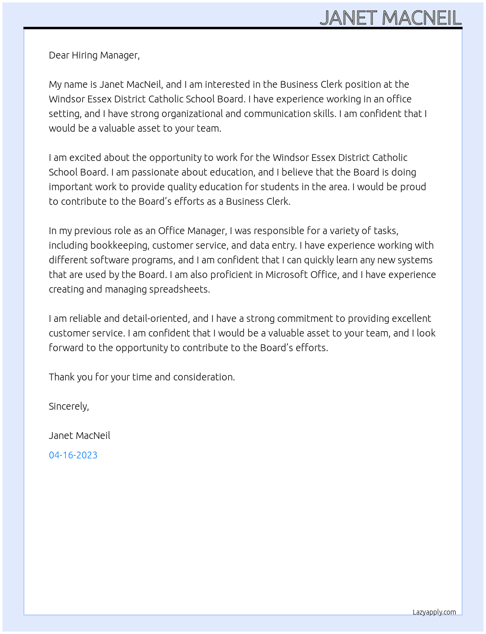 Business Clerk At Windsor Essex District Catholic School Board Cover Letter