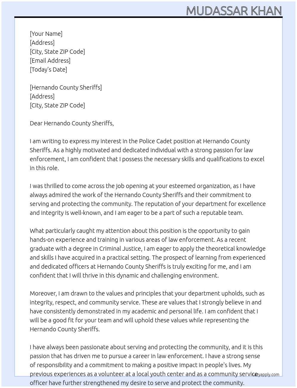 Police cadet At hernando county sheriffs Cover Letter