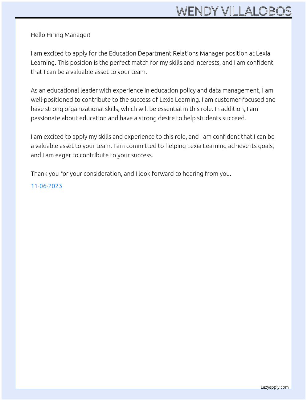 Education Department Relations Manager At Lexia Learning Cover Letter