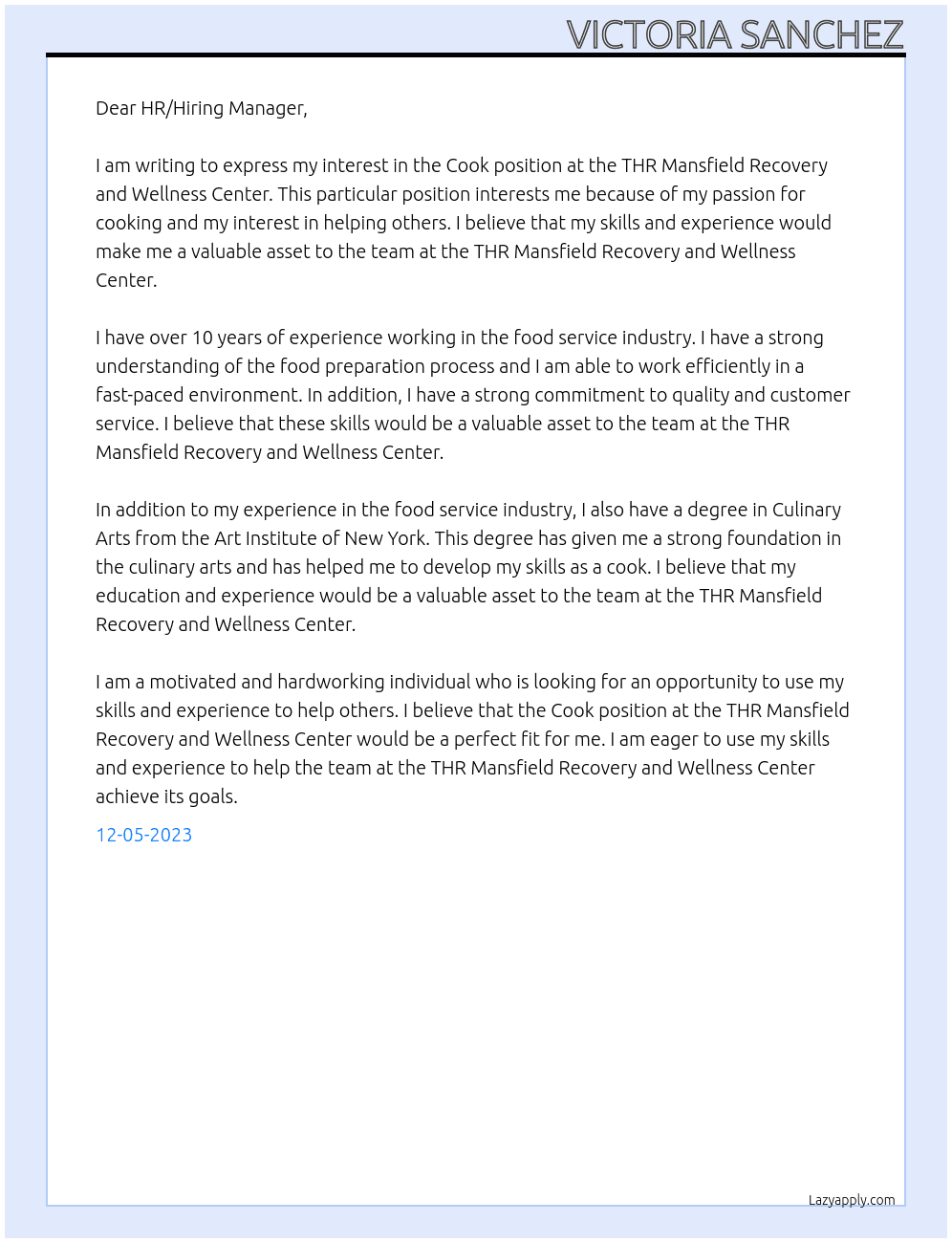 Cook At THR Mansfield Recovery and Wellness Center Cover Letter