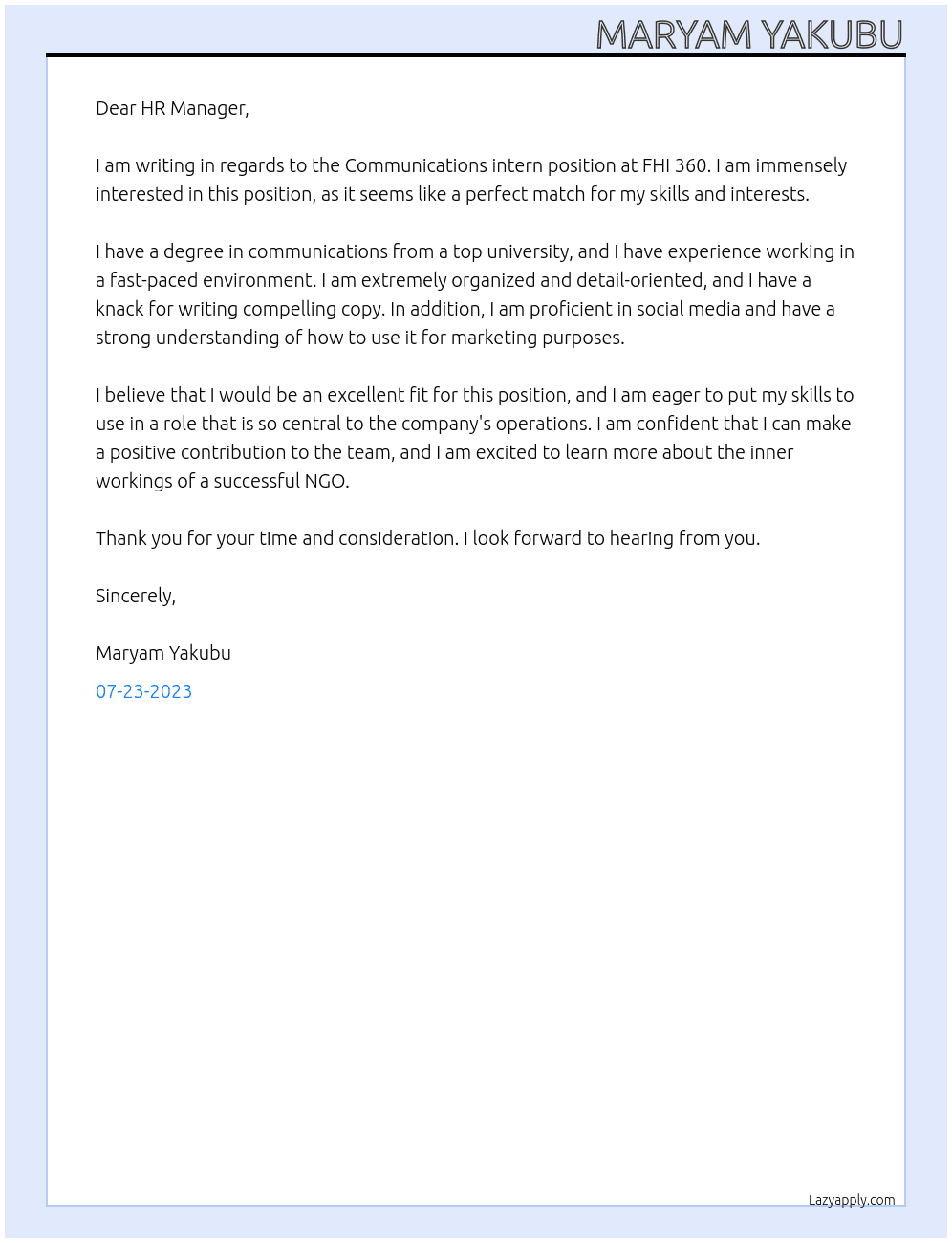Communications intern At FHI 360 Cover Letter