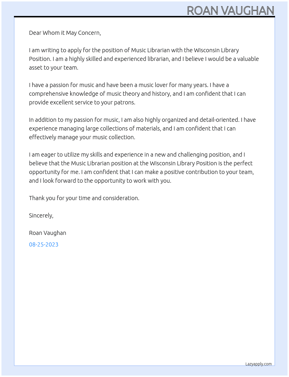 Music Librarian At Wisconsin Library Position Cover Letter