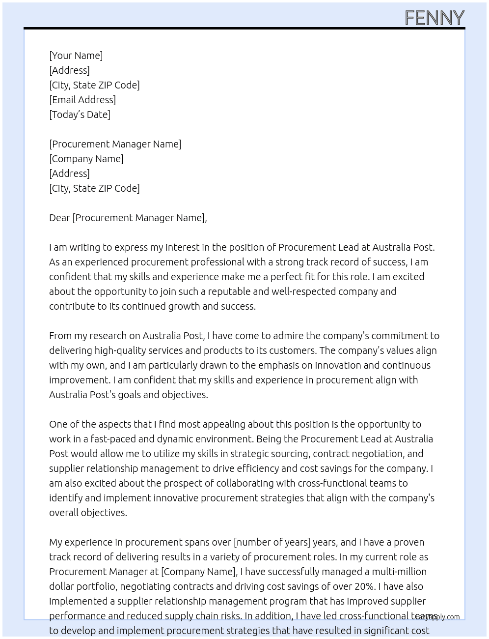 Procurement Lead At Australia Post Cover Letter