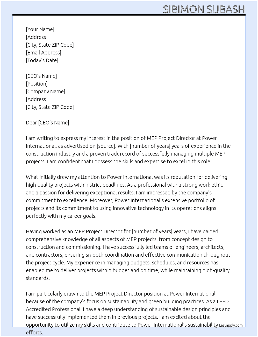 MEP Project Director At POWER INTERNATIONAL Cover Letter