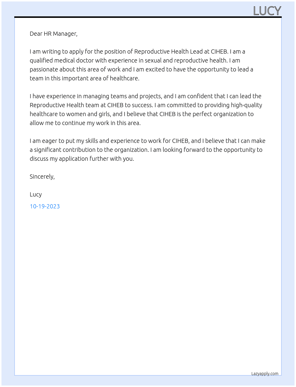 Reproductive Health Lead At CIHEB Cover Letter