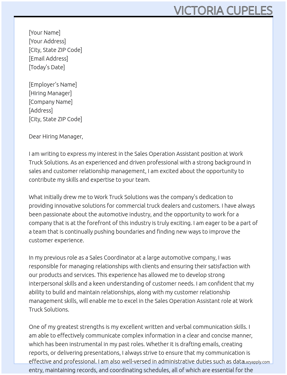 Sales operation assistant  At Work truck solutions  Cover Letter