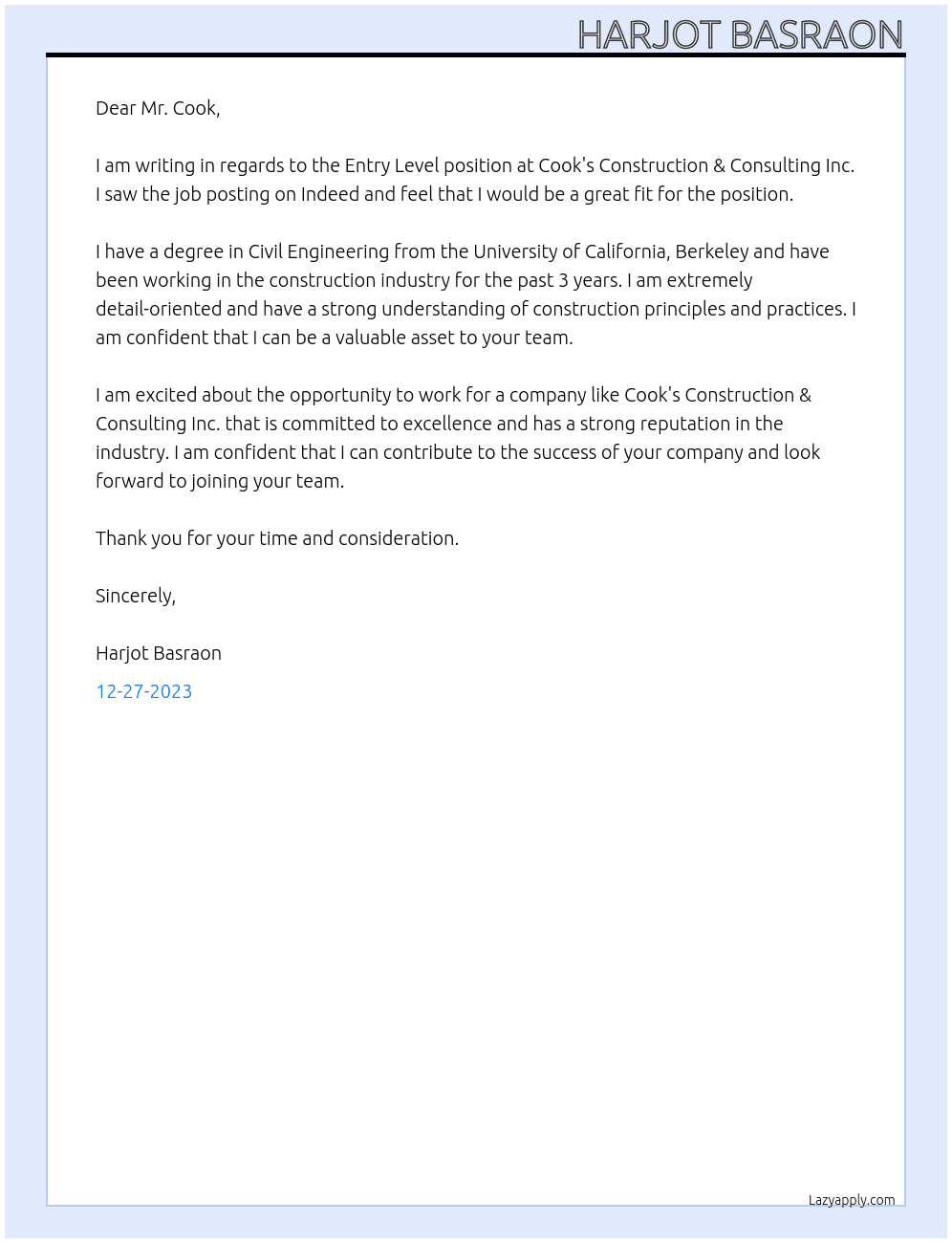 Entry Level At Cook's Construction & Consulting Inc. Cover Letter