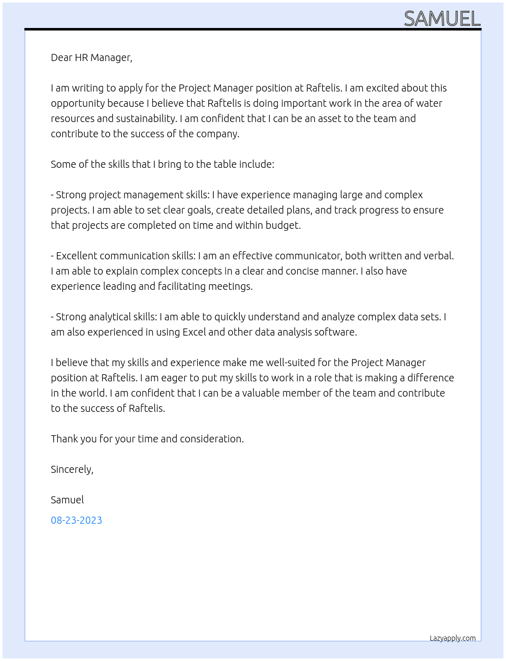 Project Manager At Raftelis Cover Letter