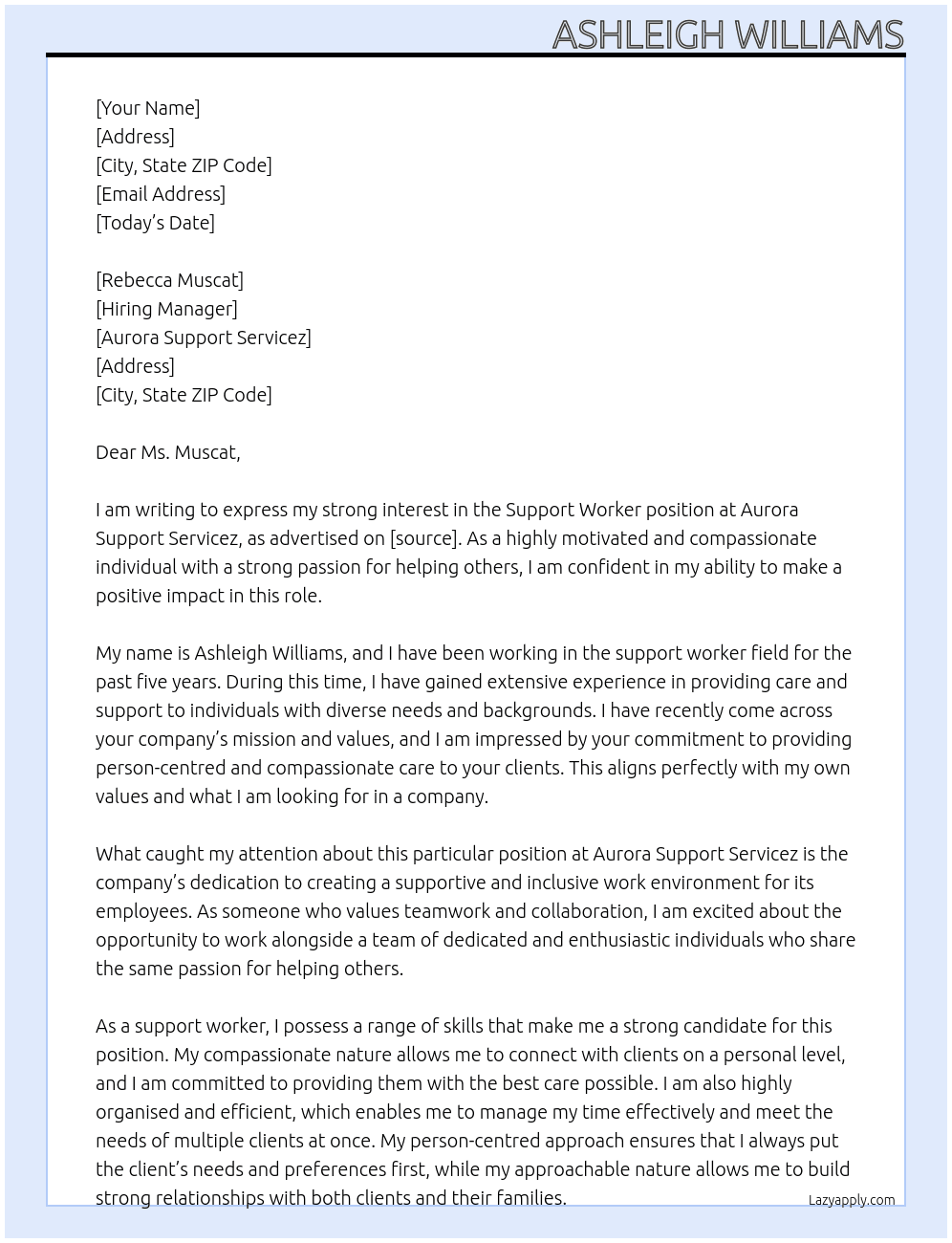 Support worker At Aurora Support Servicez Cover Letter