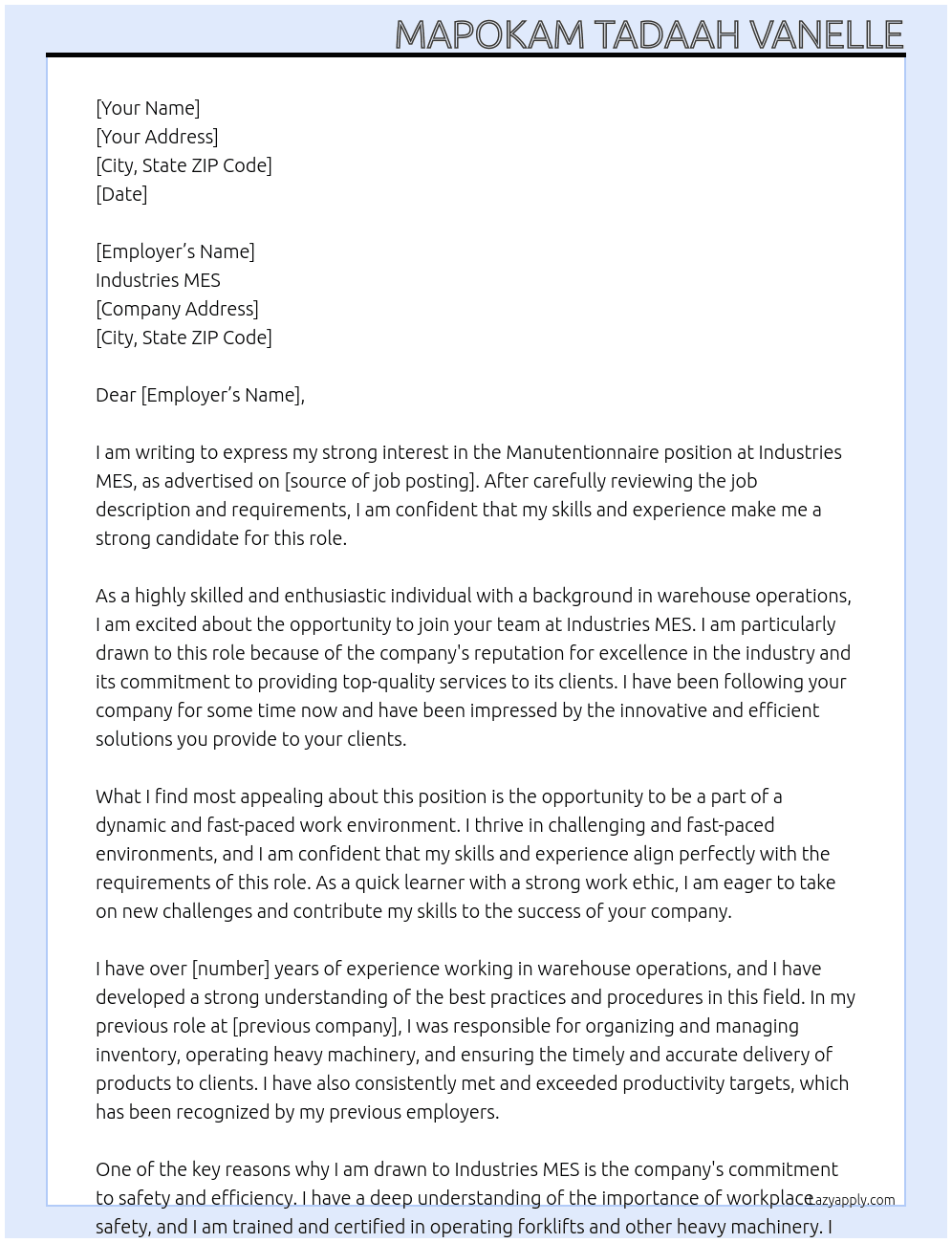 manutentionnaire At Industries MES Cover Letter
