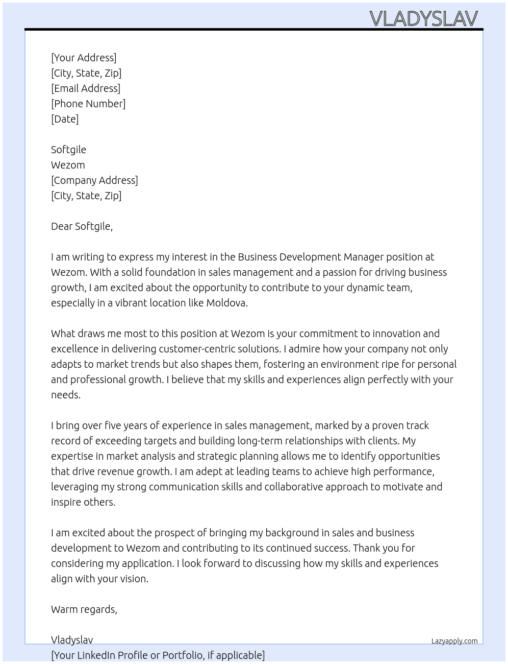 Business Development Manager  At Wezom  Cover Letter