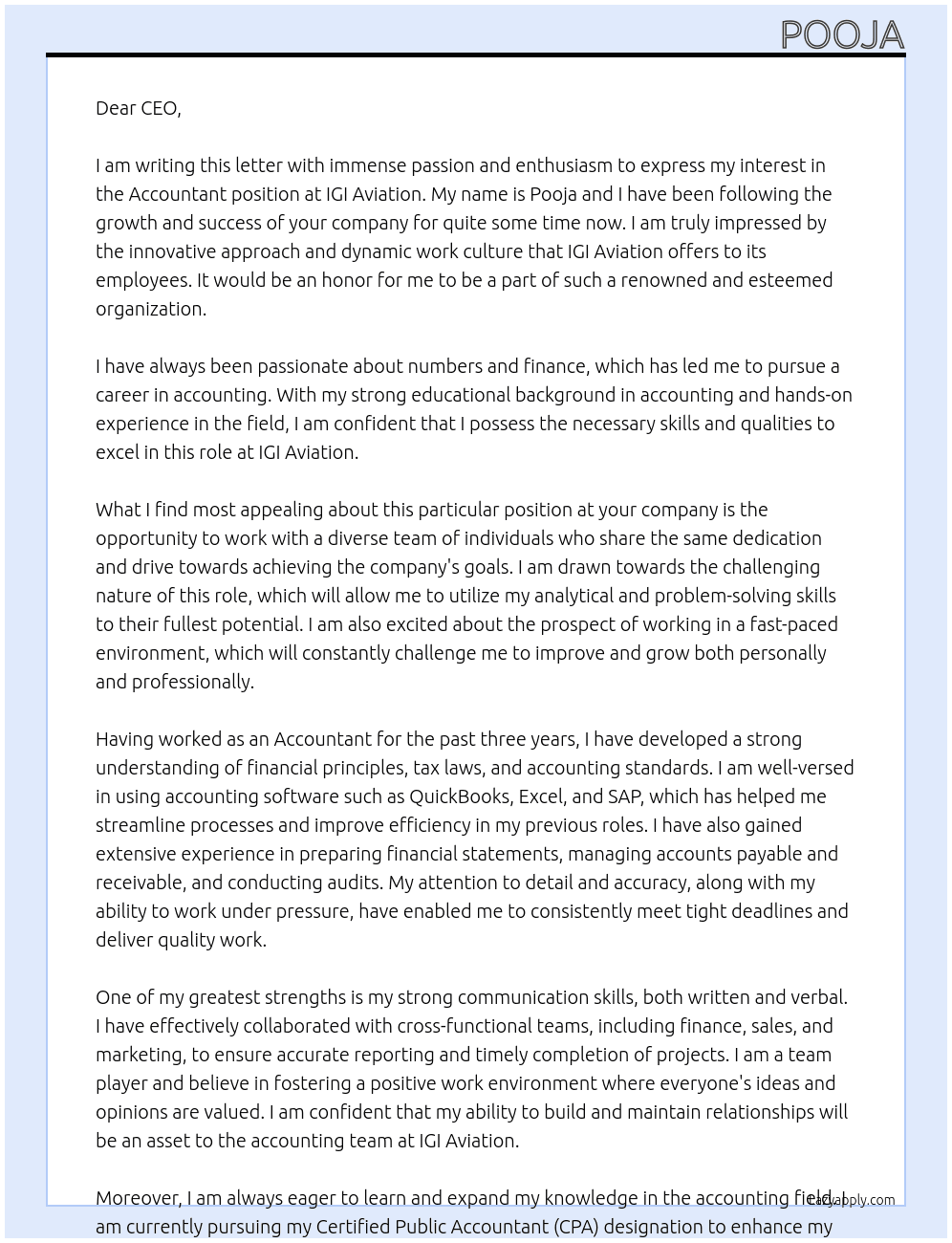 Accountant  At IGI Aviation  Cover Letter