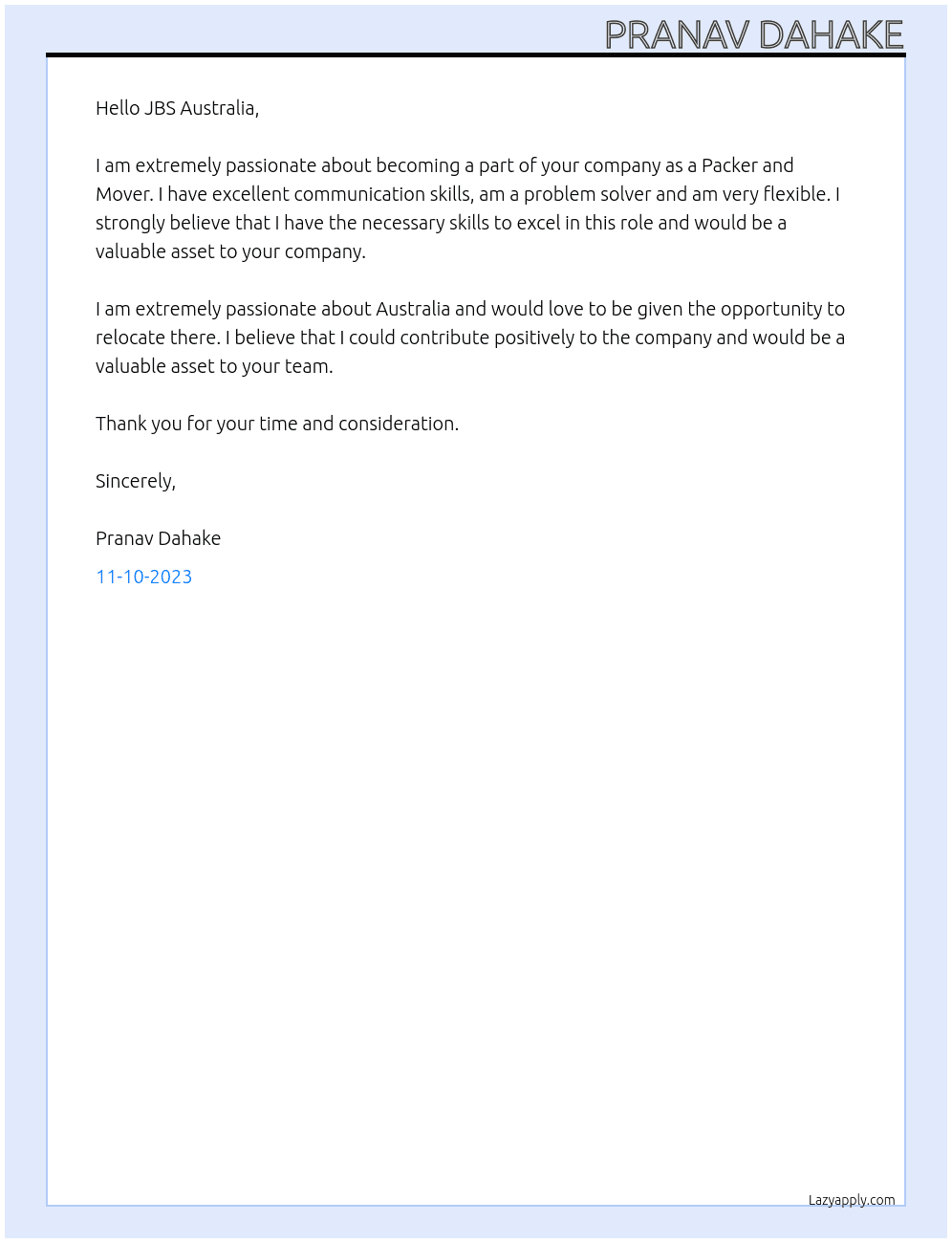 Packer and mover  At JBS Australia  Cover Letter