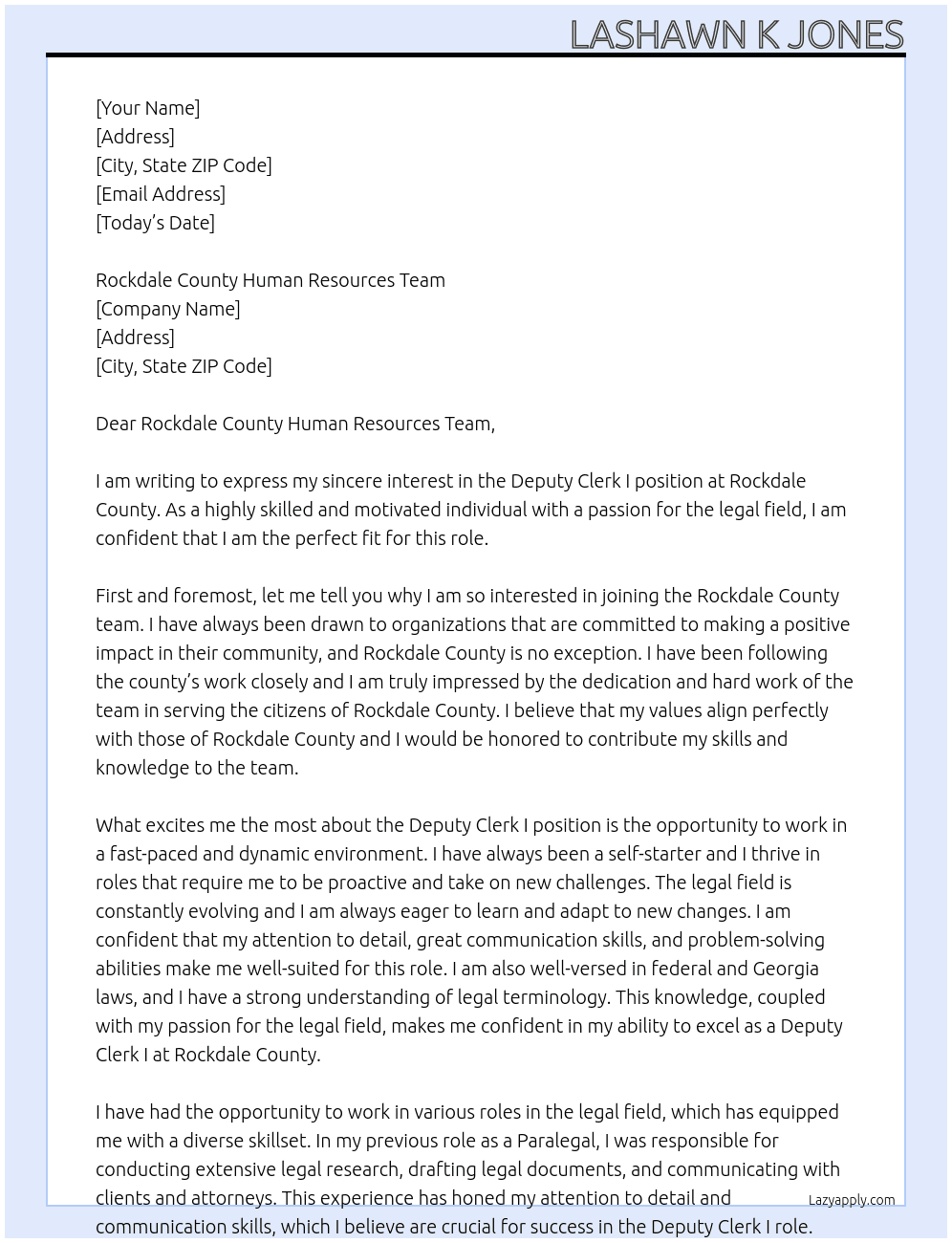 Deputy Clerk I At Rockdale County Cover Letter
