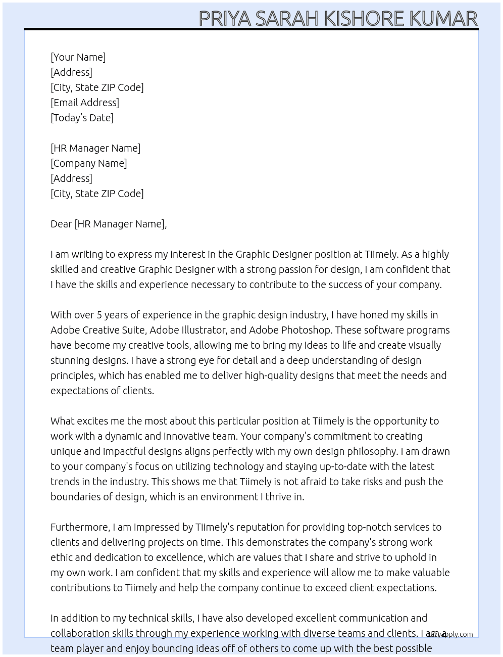 Graphic Designer At Tiimely Cover Letter