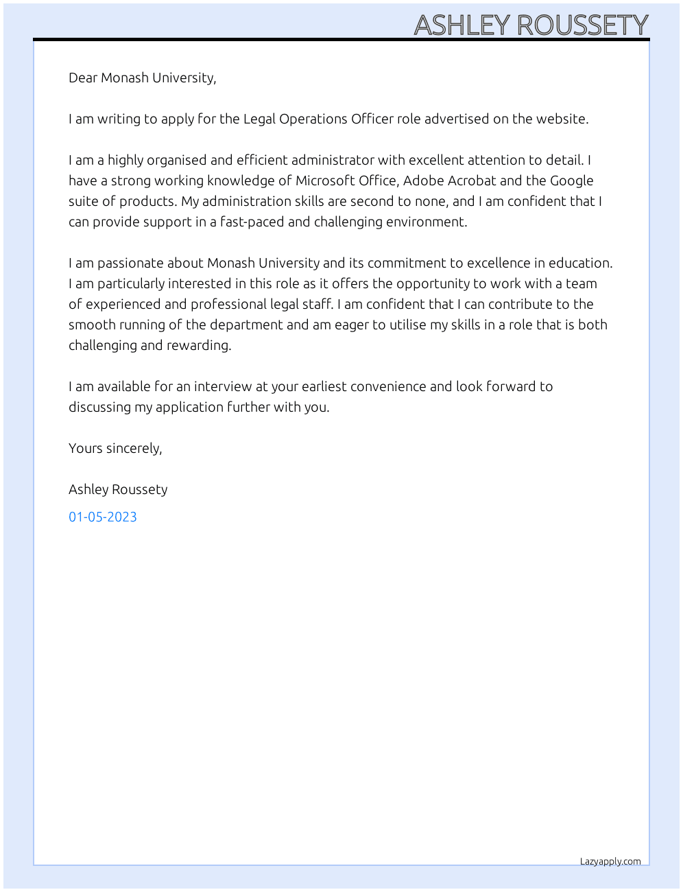 Legal Operations Officer At Monash University Cover Letter