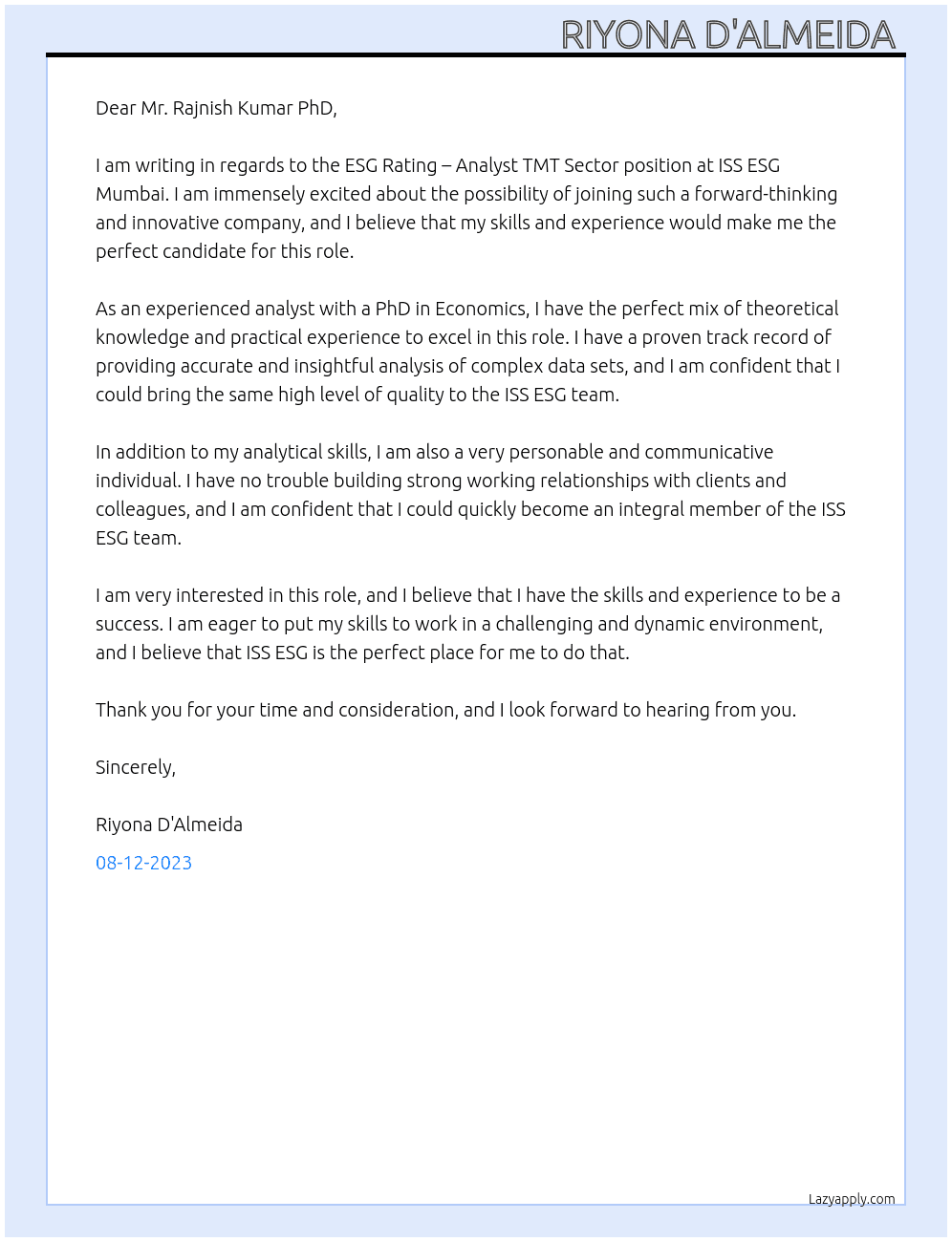 ESG Rating – Analyst TMT Sector At ISS ESG Mumbai Cover Letter