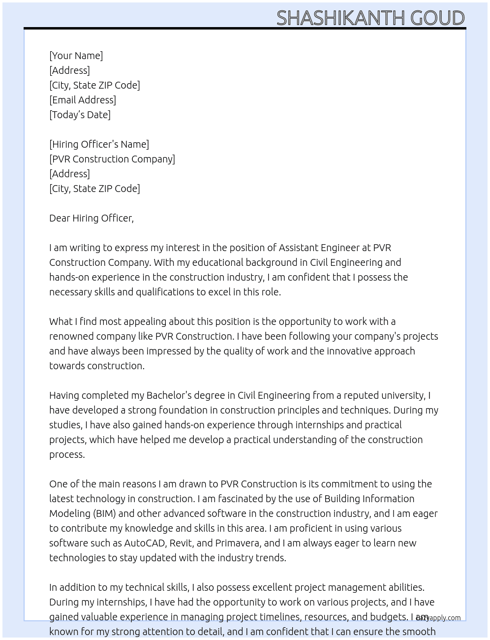 Assistant Engineer  At Pvr Construction Company Cover Letter