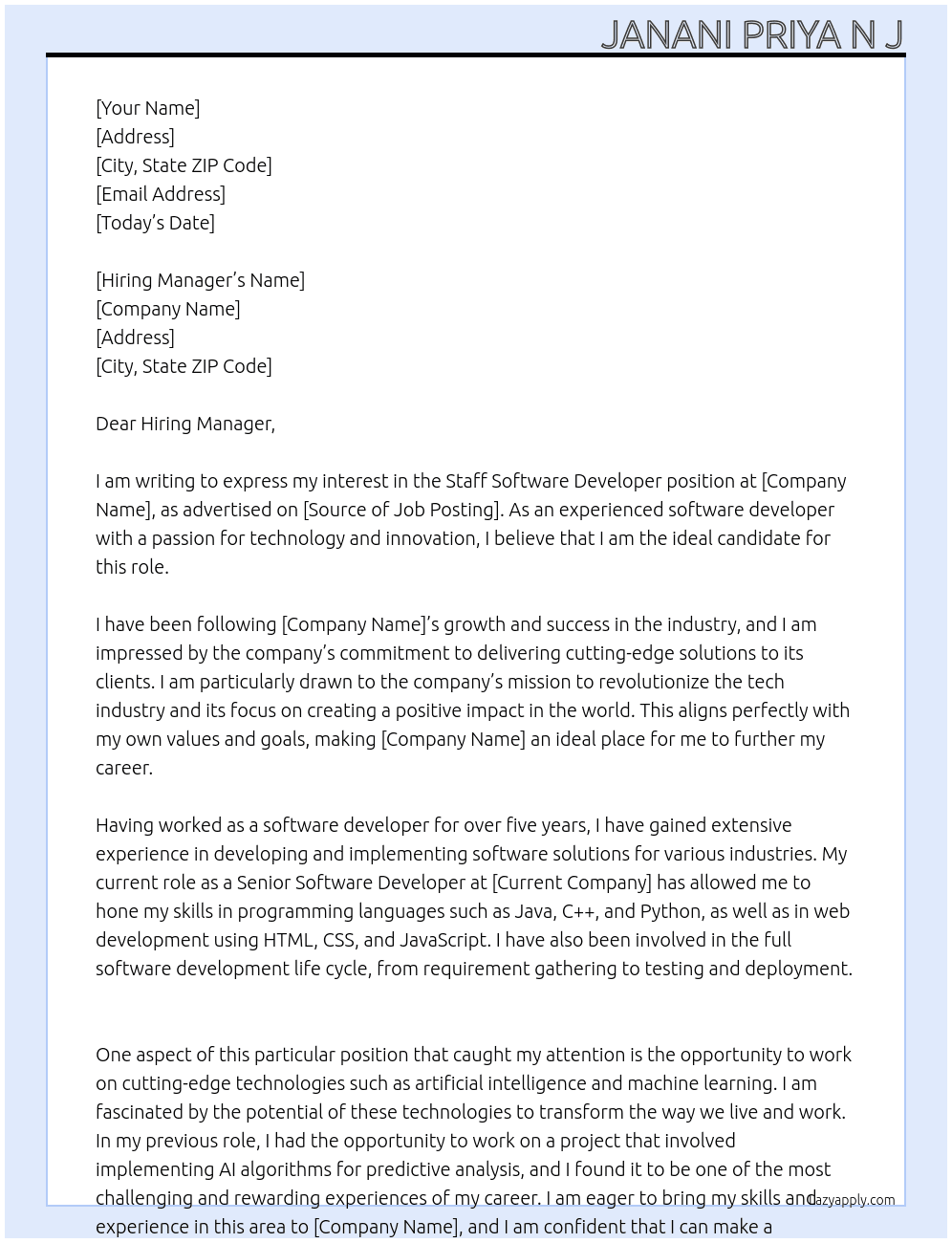 Staff Software Developer At NI Cover Letter