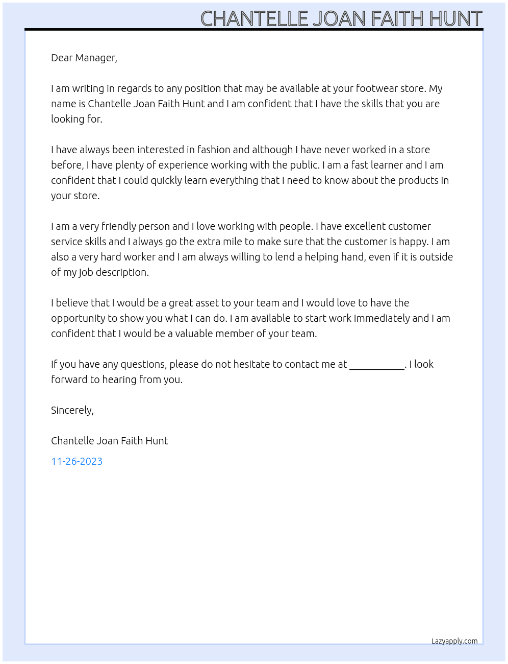 Any postion available  At Footwear store Cover Letter