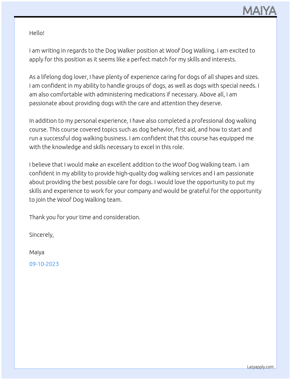 Dog walker At Woof Dog Walking Cover Letter