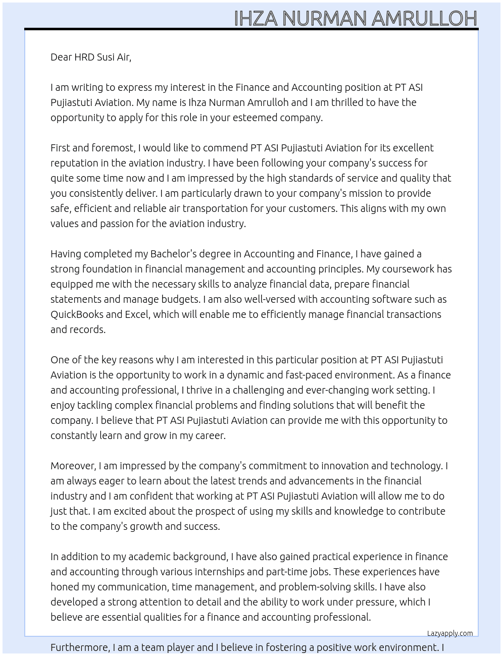 Finance and Accounting At PT ASI Pujiastuti Aviation Cover Letter