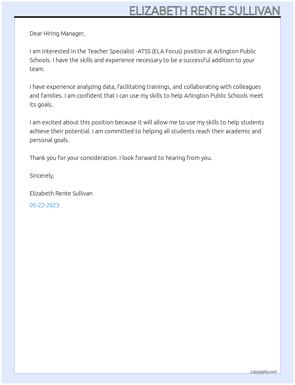 Teacher Specialist -ATSS (ELA Focus) At Arlington Public Schools Cover Letter