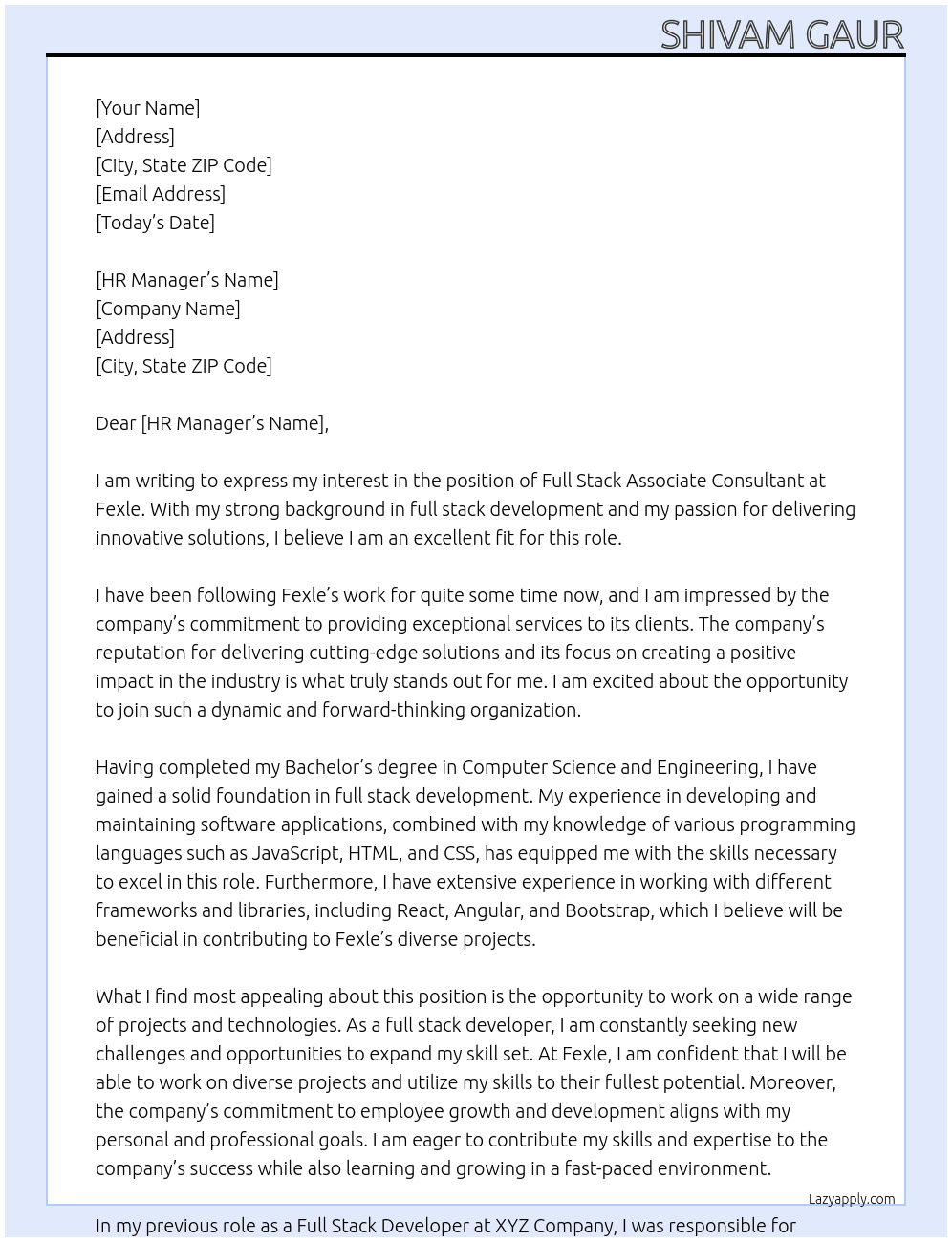 Full Stack associate consultant  At Fexle Cover Letter