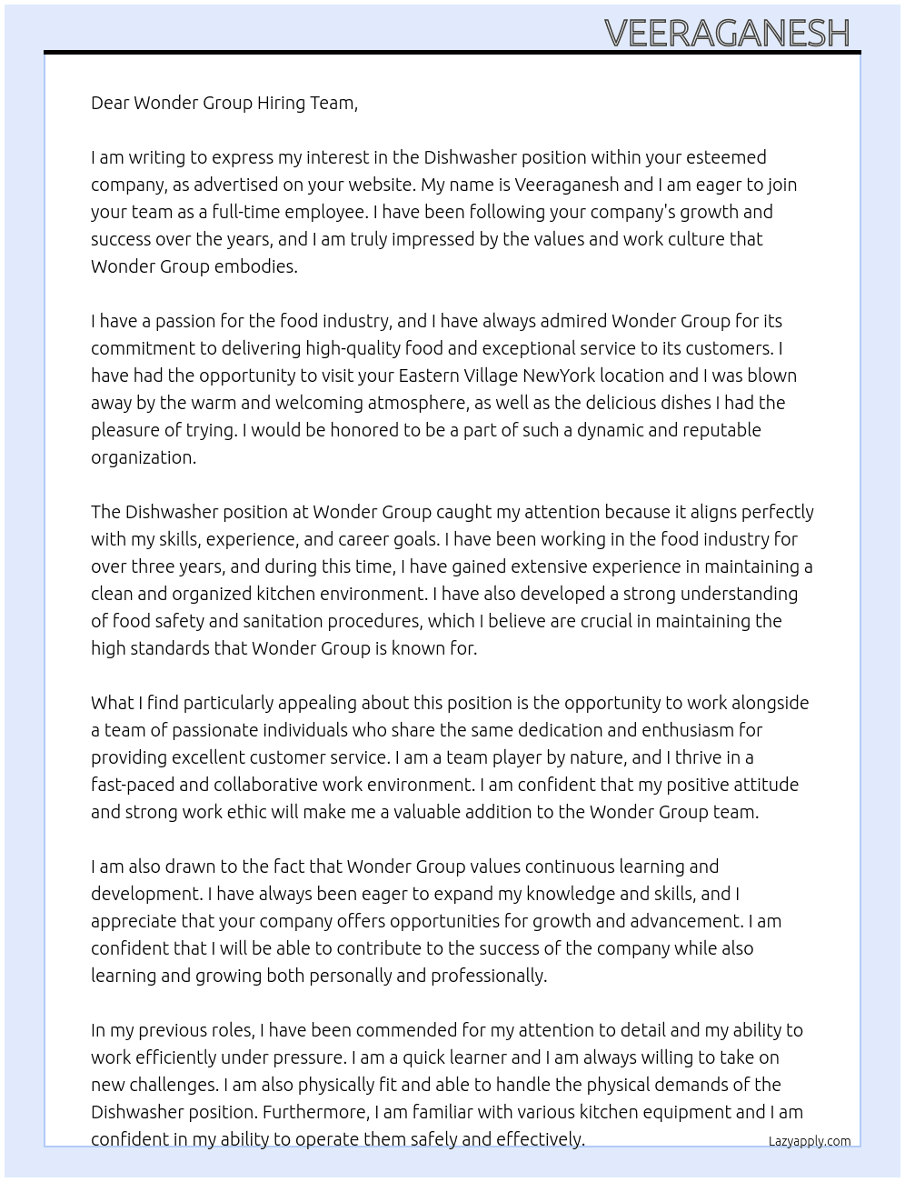 Dishwasher At Wonder group Cover Letter