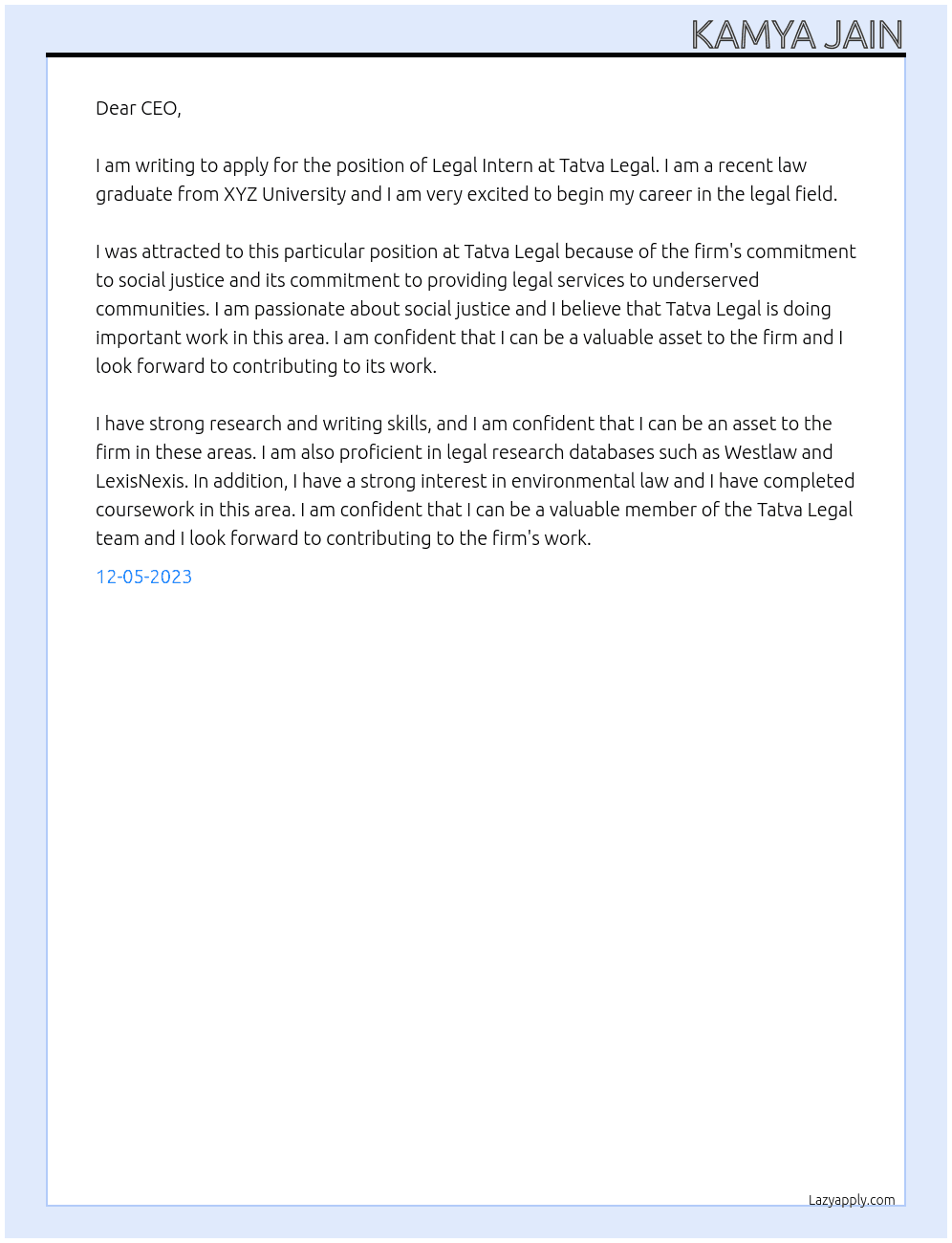 Lgeal Intern At Tatva Legal Cover Letter