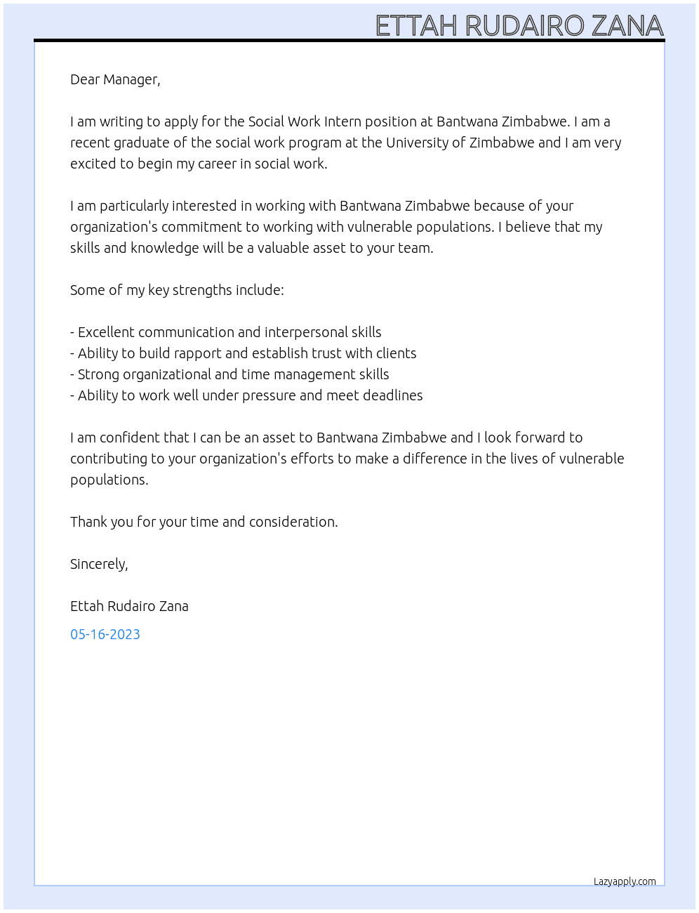 Social Work Intern At Bantwana Zimbabwe  Cover Letter