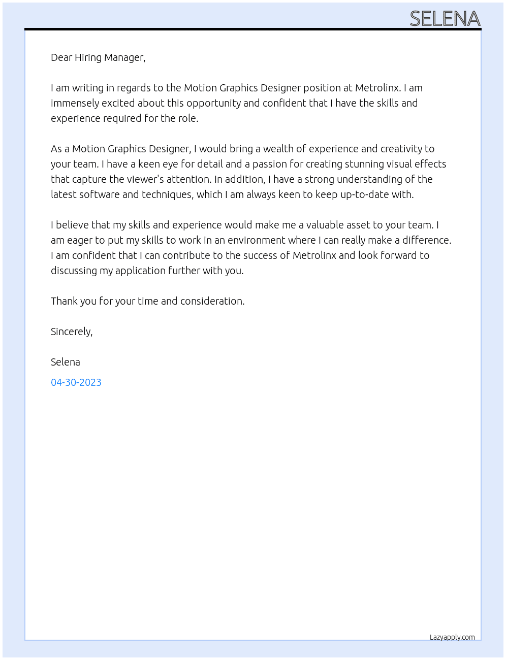Motion Graphics Designer At Metrolinx Cover Letter