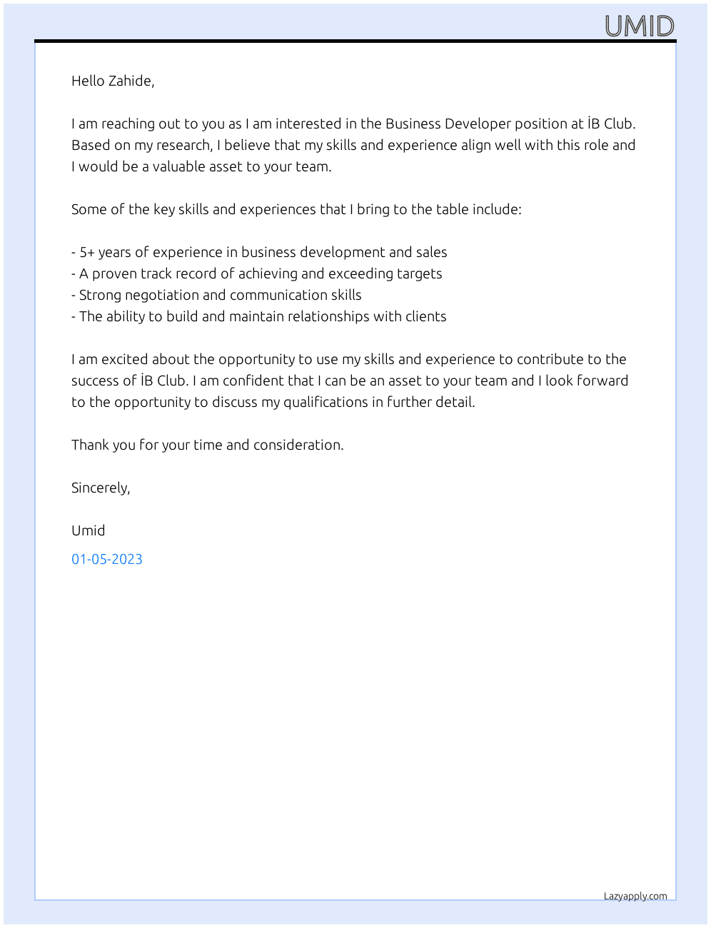 Business developer At İB Club Cover Letter