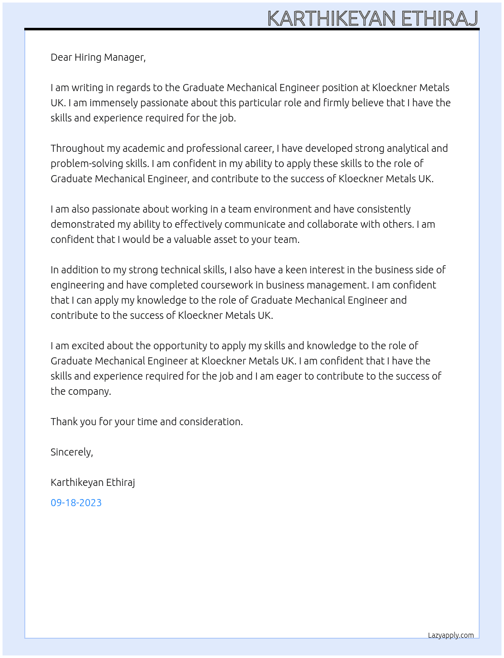 Graduate Mechanical Engineer At Kloeckner Metals UK Cover Letter