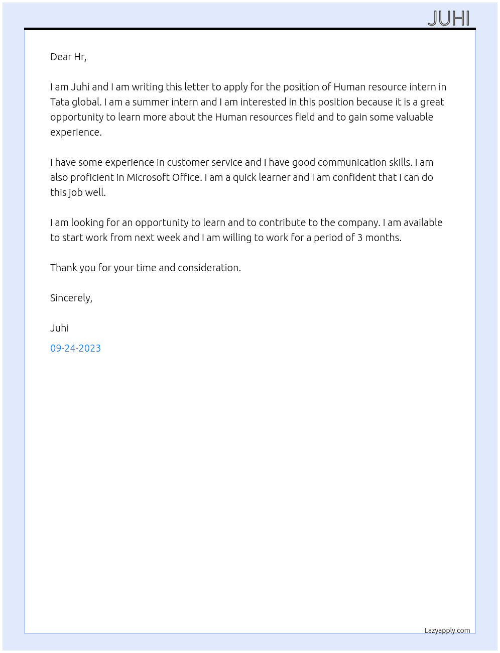 Human resource intern At Tata global  Cover Letter