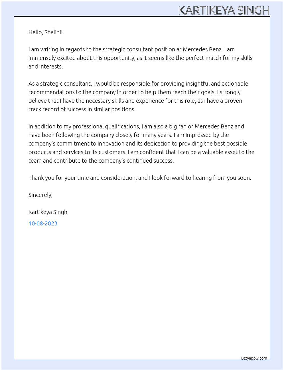 strategic consultant  At mercedes benz Cover Letter