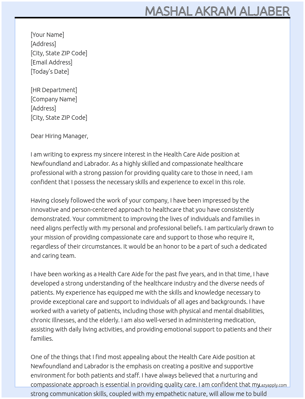 Health care aide At Newfoundland and Labrador Cover Letter