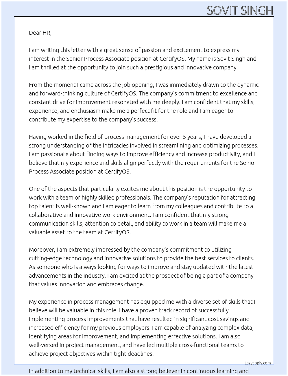 Senior Process Associate At CertifyOS Cover Letter
