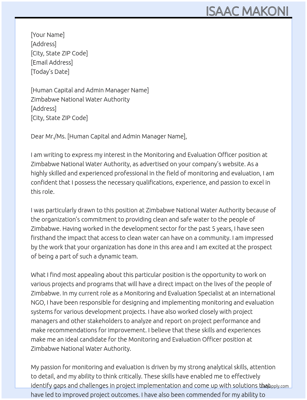 Monitoring and evaluation officer  At Zimbabwe National Water Authority  Cover Letter