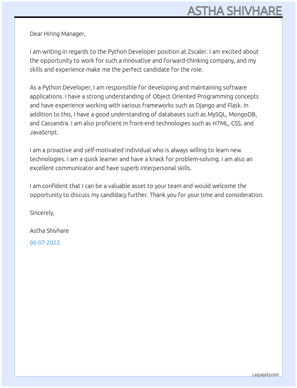 Python Developer At Zscaler Cover Letter