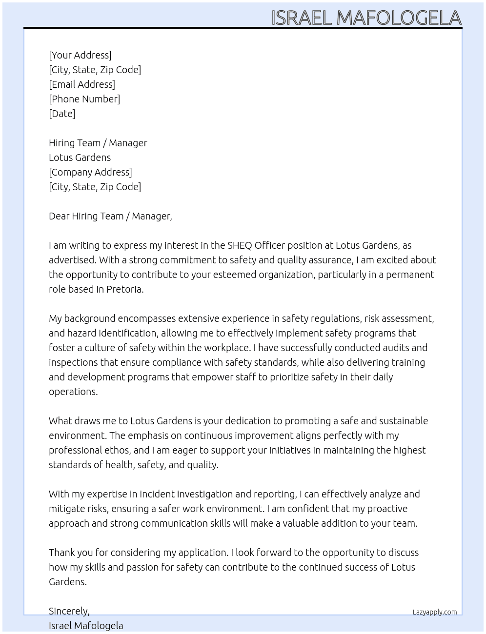 SHEQ Officer At Lotus Gardens Cover Letter