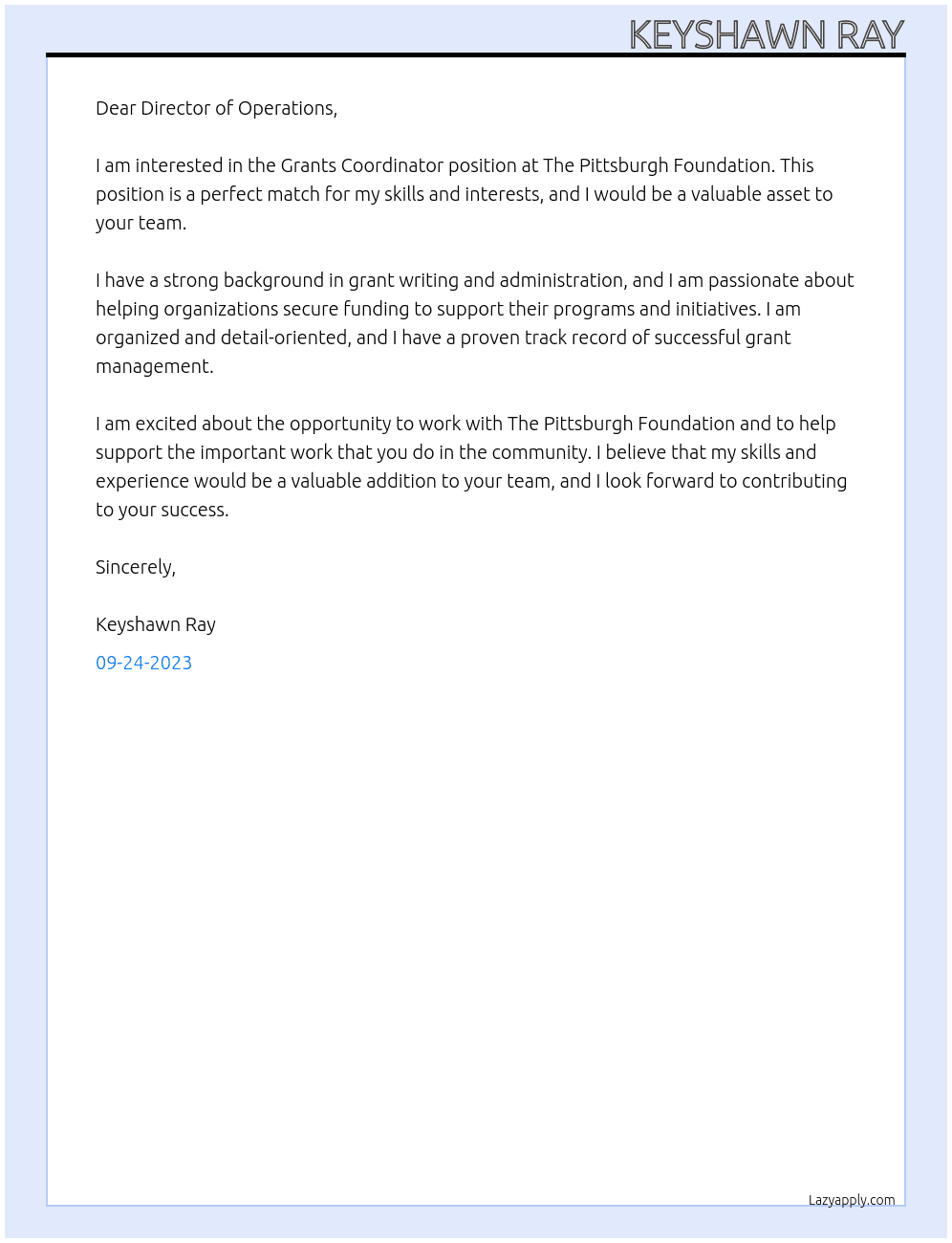 Grants Coordinator At The Pittsburgh Foundation Cover Letter