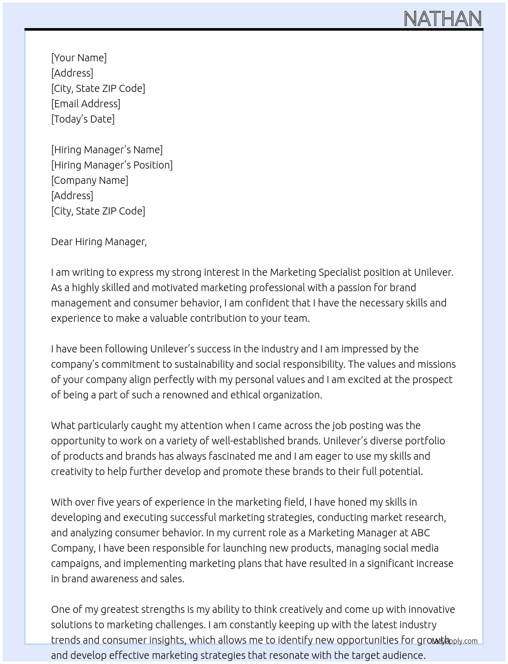 Marketing Specialist At Unilever Cover Letter