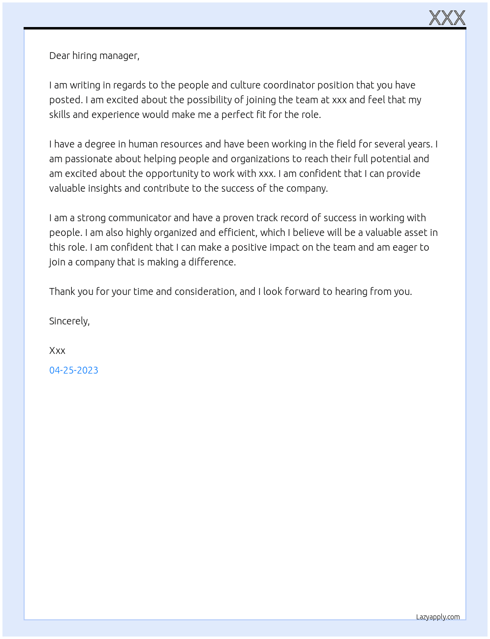 People and culture coordinator At Xxx Cover Letter